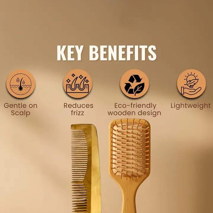 2 Pcs Bamboo Hair Brush & Comb, Beige